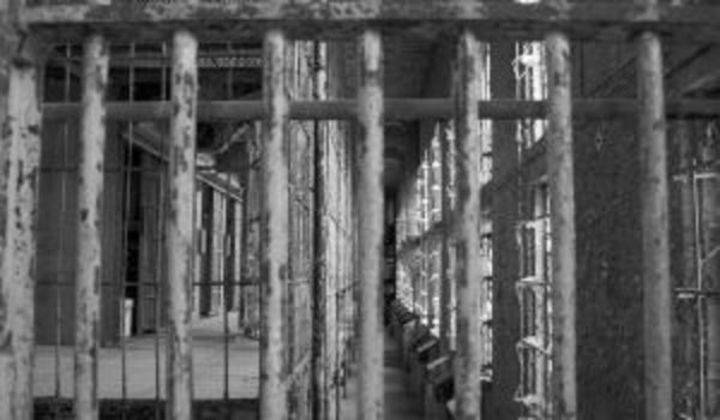 Černobílá fotografie s detailem na mříže