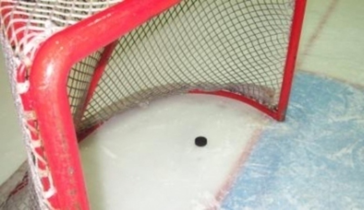 Detailní záběr na puk stojící v hokejové brance