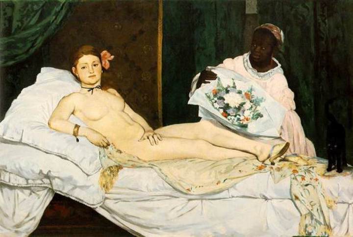 Kreslený obrázek ležící nahé ženy se svým sluhou
