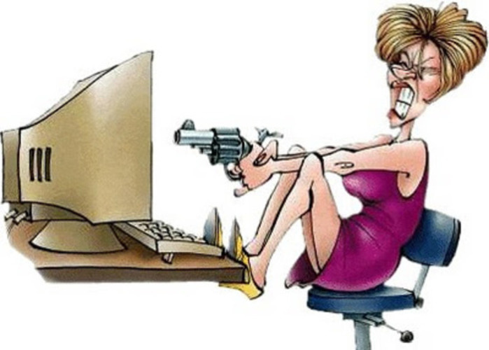 Kreslený obrázek ženy sedící u počítače s pistolí v ruce