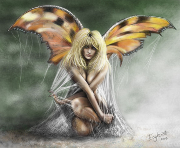 Kreslený snímek ženy s křídly jako motýl