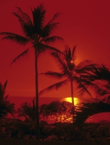 Červeně zbarvená havajská pláž při západu slunce
