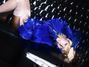 Lady Gaga leží na pohovce v modré halence a punčochách