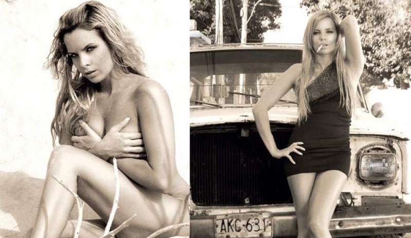 Kateřina Kristelová vlevo sedící úplně nahá vpravo stojící v šatech opřená o automobil