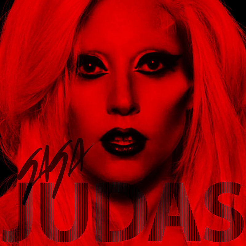 Lady Gaga na červené fotografii s nápisem JUDAS