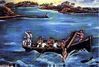 Kreslený obrázek loďky plné mužů, kteří shazují do moře mrtvolu
