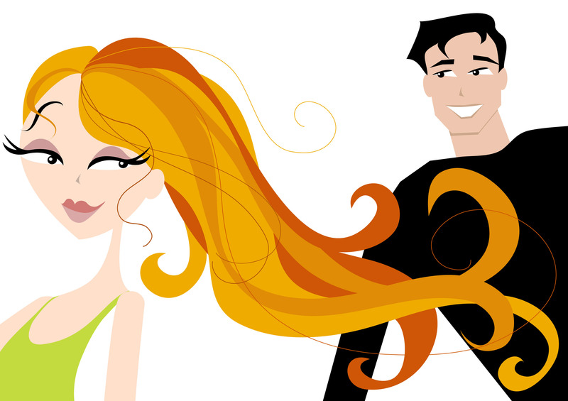 Kreslené postavy muže a ženy s dlouhými blond vlasy