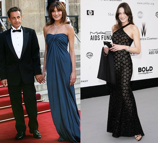 Carla Bruni v elegantních šatech s manželem Nicolasem Sarkozym