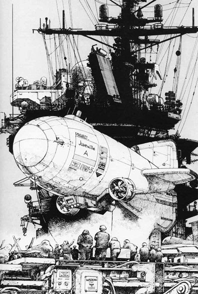 Černobílá fotografie zobrazující loď, ponorku a vojáky